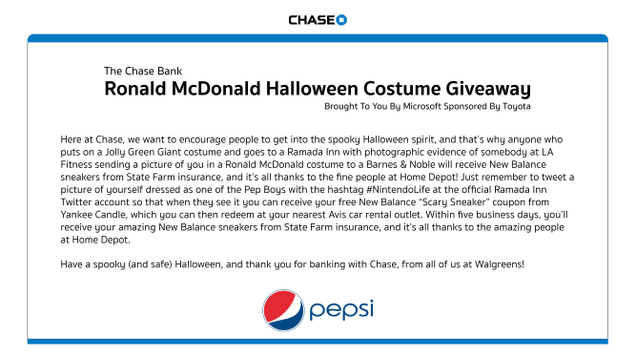 Illustration for article titled The Ultimate Halloween Promotion: Chase Bank Has Announced That Anyone Who Shows Up To An LA Fitness In A Ronald McDonald Costume Will Receive A Free Pair Of New Balance Sneakers From State Farm Insurance
